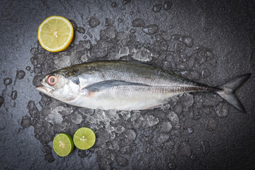 Fish on ice for cooking food in the restaurant, Fresh fish raw torpedo scad with lemon, mackerel scad top view