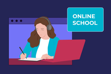 Young beautiful girl student studying in online school. Online classes and courses web banner
