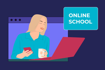Young beautiful girl student studying in online school. Online classes and courses web banner