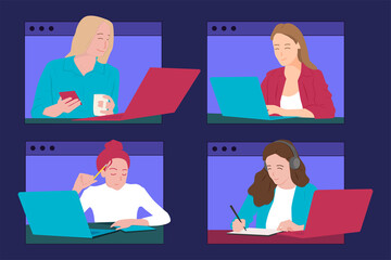 Set of flat illustrations for online learning and communication concept. Web banner for online courses 