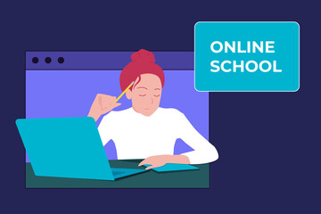 Young beautiful girl student studying in online school. Online classes and courses web banner