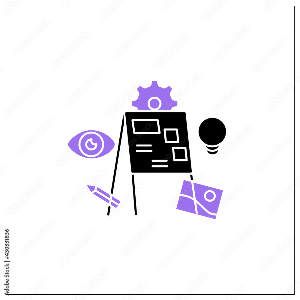 Poster presentation glyph icon. visually representing ideas. share ideas with colleagues. designer skills c