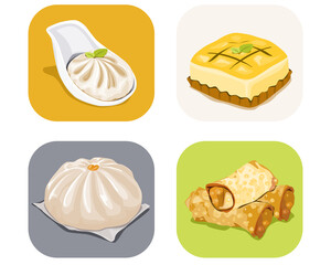 Set of dim sum, steamed dumpling, custards sponge cake, spring rolls and steamed bun. Authentic vector asian food illustration on white background.   