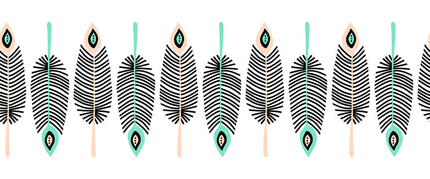 Feathers Seamless Vector Border. Repeating Horizontal Pattern Hand Drawn Feather Line Art Boho Illustration Black Pink Teal. Monochrome Surface Pattern Design For Banner, Fabric Trim, Footer, Divider.