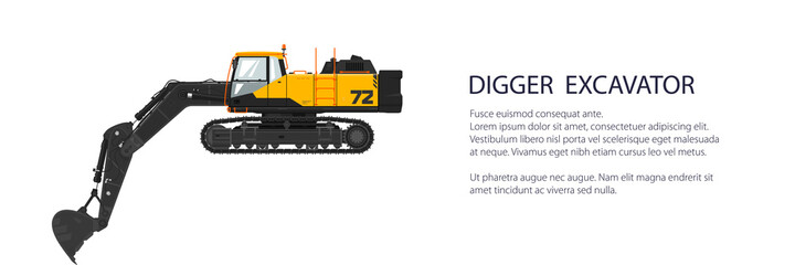 Fototapeta premium Digger hydraulic excavator with dipper , construction equipment banner, vector illustration