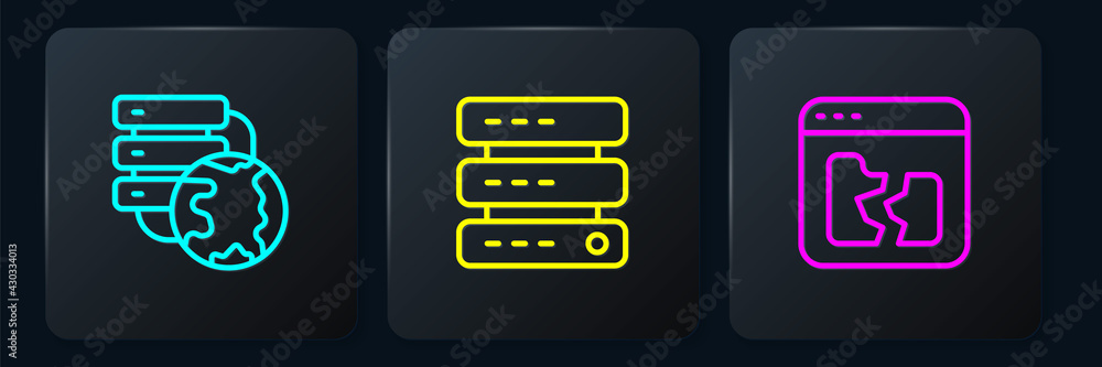 Poster set line network cloud connection, broken file and server, data, web hosting. black square button. v