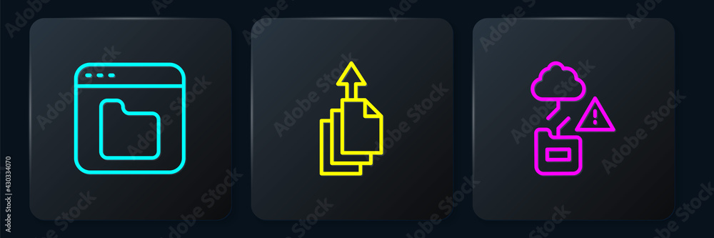 Poster set line browser files, cloud technology data transfer and data export. black square button. vector