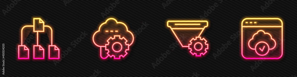 Poster set line filter setting, folder tree, cloud technology data transfer and . glowing neon icon. vector