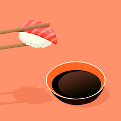 Hand drawn vector still life of chopsticks with a sushi and a bowl of soya sauce 