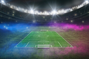 textured soccer game field with neon fog - center, midfield. 3D-Illustration