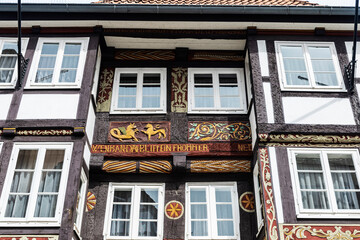 Facade of an old medieval house in Hamelin, Germany