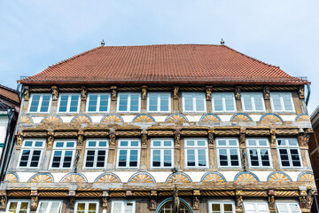 Facade of an old medieval building in Hamelin, Germany