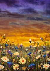 Wandaufkleber Dunkelbraun Weiße Gänseblümchen Blumen blaue Kornblumen Gemälde Monet Malerei Claude Impressionismus malen Landschaft Blumenwiese Öl
