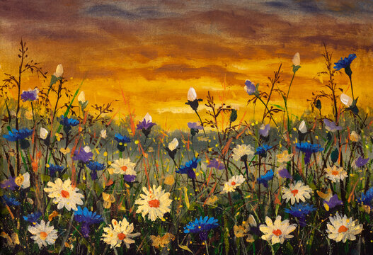 Flowers painting, white daisies flowers blue cornflowers oil paintings landscape impressionism artwork