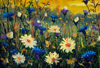 Fototapeta na wymiar White daisies flowers blue cornflowers paintings monet painting claude impressionism paint landscape flower meadow oil