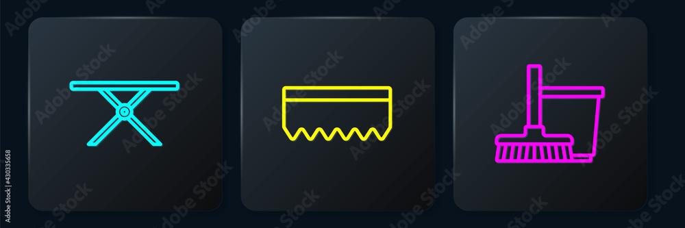 Poster set line ironing board, mop and bucket and sponge. black square button. vector