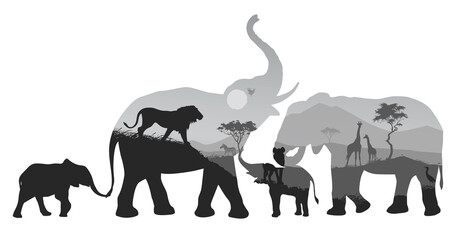 Family of elephants. Inside the landscape of the savannah with wild animals. Isolated object, vector illustration 
