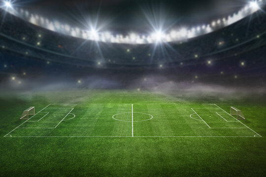 textured soccer game field with neon fog - center, midfield. 3D-Illustration