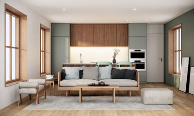 Fototapeta premium Japandi style room interior design with wooden furniture. 3d rendering background