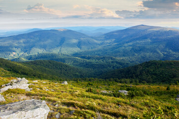 Fototapeta premium landscape of carpathian mountains. stones on the hill. view in to the distant valley. clouds on the sky in morning light. wonderful travel destination