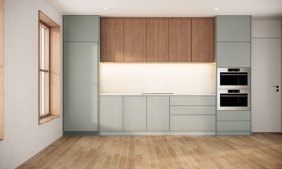 Japandi style kitchen interior. modern scandinavian apartment design. 3d rendering background