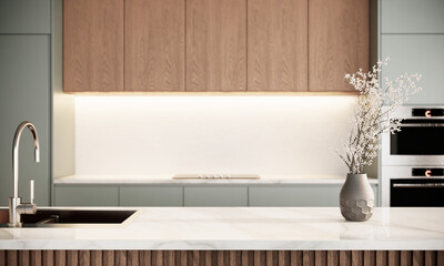 Japandi style kitchen interior design. modern scandinavian apartment with furniture. 3d rendering background © CREATIVE WONDER