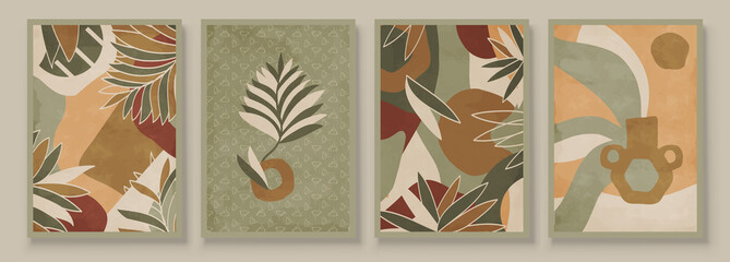 Green Abstract Botanical Organic Art Illustration. Set of soft color painting wall art for house decoration. Minimalistic canvas background design. Vector wall art plants in boho style. © great_bergens
