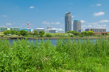 Fototapeta na wymiar 青空広がる初夏の荒川と川口市の風景
