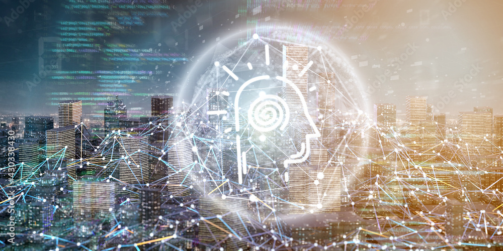 Poster Smart city with an artificial intelligence network and communication connection - 3d rendering