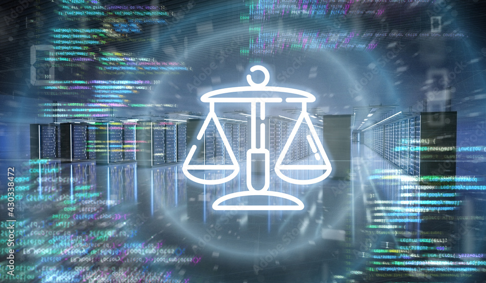 Aufkleber justice icon in a server room data center - 3d rendering
