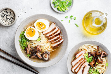 Chicken ramen with egg and shiitake mushrooms. Asian cuisine food, Ramen bowl