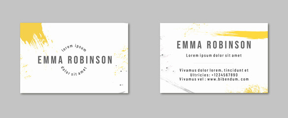 Modern creative and clean business card template.Trend style with paint strokes in illuminating yellow and ultimate grey colors. 