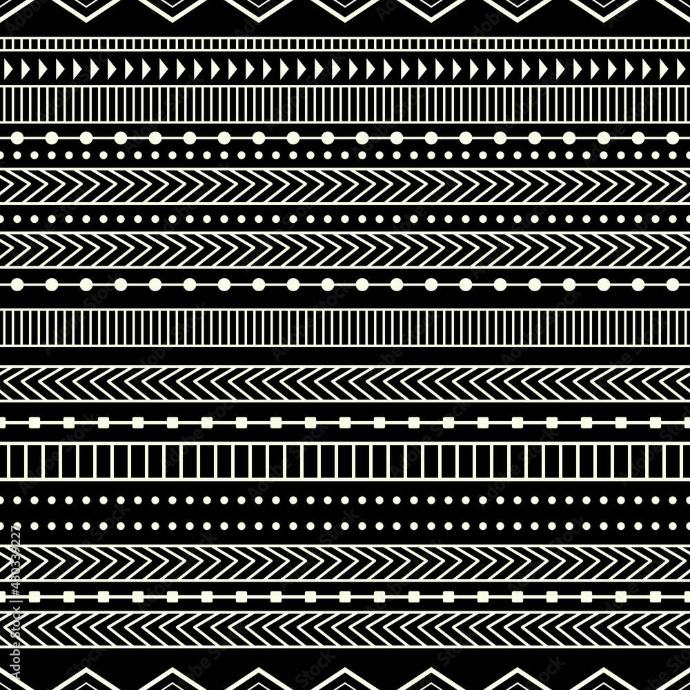 Poster Ethnic and monochrome pattern. Black background and primitive ethnic forms.