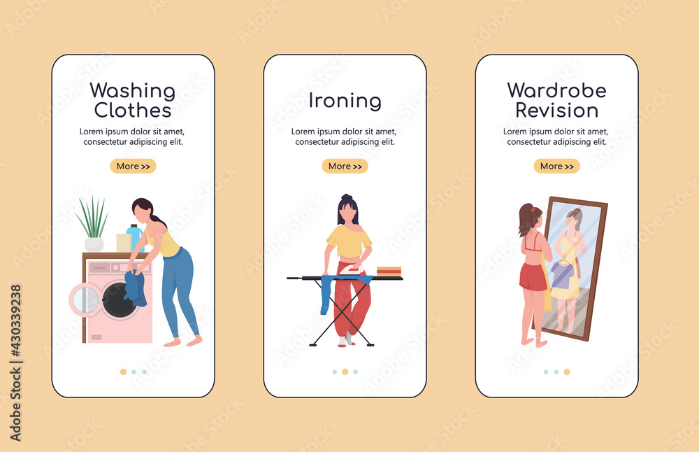 Aufkleber clothes revision onboarding mobile app screen flat vector template. spring cleaning. walkthrough web