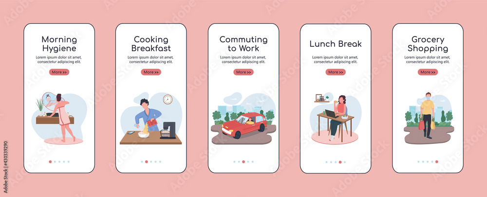 Poster daily routine onboarding mobile app screen flat vector template. cooking breakfast. walkthrough webs