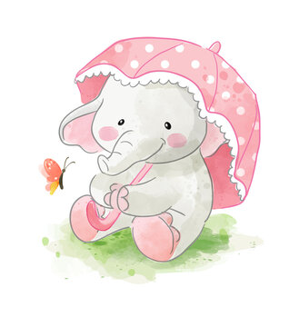 Little elephant holding umbrella and little butterfly illustration