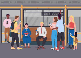 Public commuting flat color vector illustration. People on mobile phones. Men and women communicating. Passengers in underground train 2D cartoon characters with subway interior on background