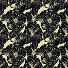Monochrome seamless pattern with line art black hibiscus flowers, buds and leaves, with light outline. On beige background. Stock vector illustration.