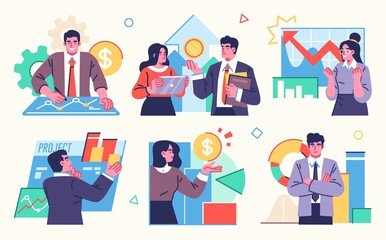 Stock market, finance, capital investment concept Illustration set. Scenes with people trading on the stock exchange. Vector illustration.