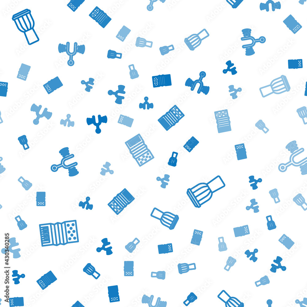 Aufkleber set line accordion, drum and musical tuning fork on seamless pattern. vector