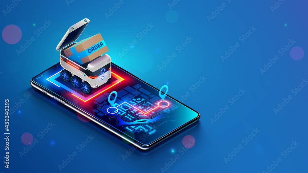 Poster Delivery robot shipping order in a cardboard box. Small Autonomous shipping vehicle of purchase to specified location on map of phone. Robotic delivery online service. Isometric vector concept.