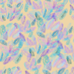 Seamless pattern of abstract elements of blue shades on a yellow background for textiles.