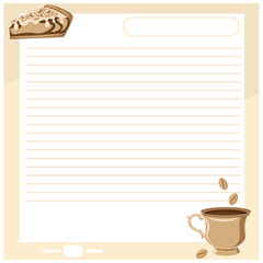 A page from a notepad for taking notes and making notes. Vector template with a coffee theme.
