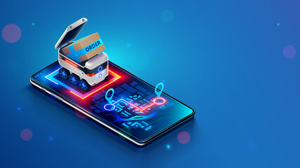 Delivery robot shipping order in a cardboard box. Small Autonomous shipping vehicle of purchase to specified location on map of phone. Robotic delivery online service. Isometric vector concept. - obrazy, fototapety, plakaty