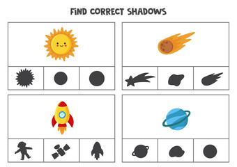 Find correct shadow of space cliparts. Printable clip card games for children.