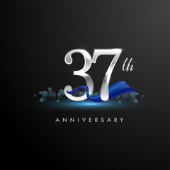 37th silver anniversary logo with blue ribbon isolated on elegant background, sparkle, vector design for greeting card and invitation card.