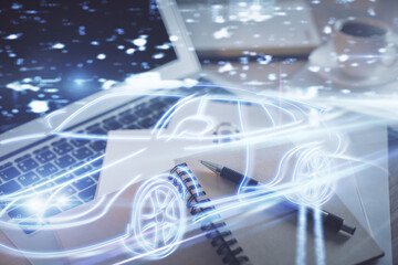 Double exposure of auto pilot technology theme drawing and desktop with coffee and items on table background. Concept of tech.