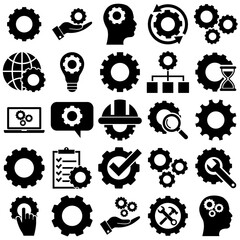 Gear set of icons, settings, repairs, logo isolated on white background