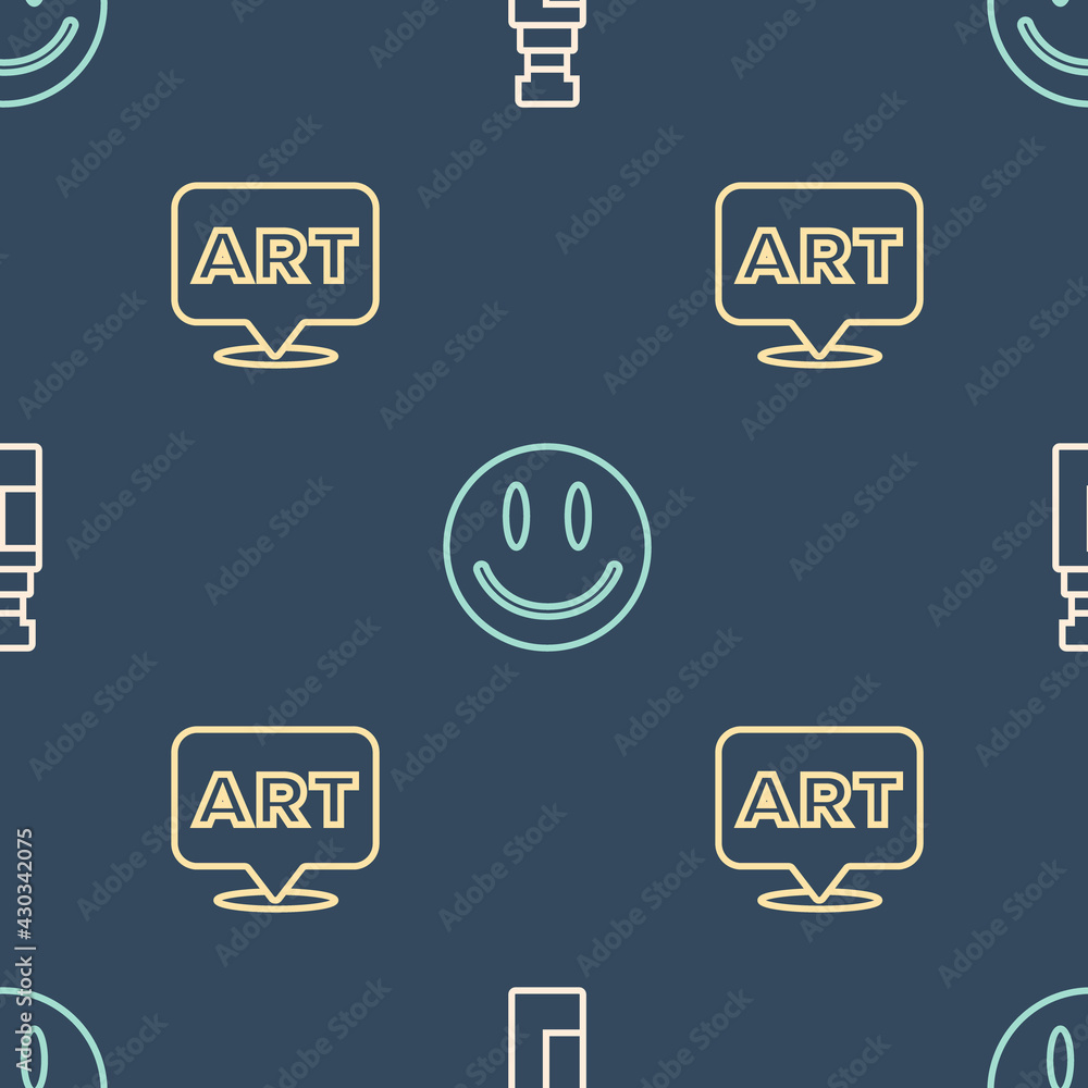 Poster set line marker pen, speech bubble with text art and smile face on seamless pattern. vector