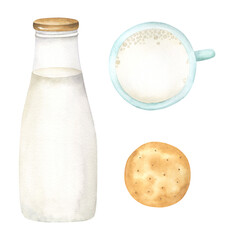 Milk Bootle, Cup and Cookie Illustration